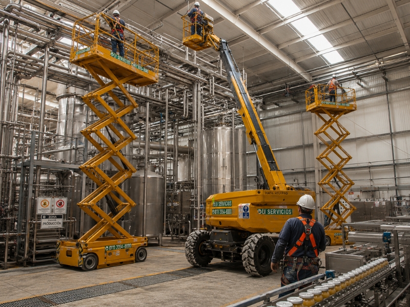 Plataformas elevadoras operando dentro de planta de industria alimenticia - LV Servicios